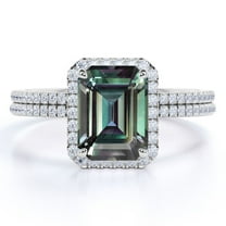 JeenMata Halo 1.5 Carat Emerald Cut Lab Created Alexandrite and Moissanite Pave Matching Wedding Ring Set in 18k White Gold over Silver