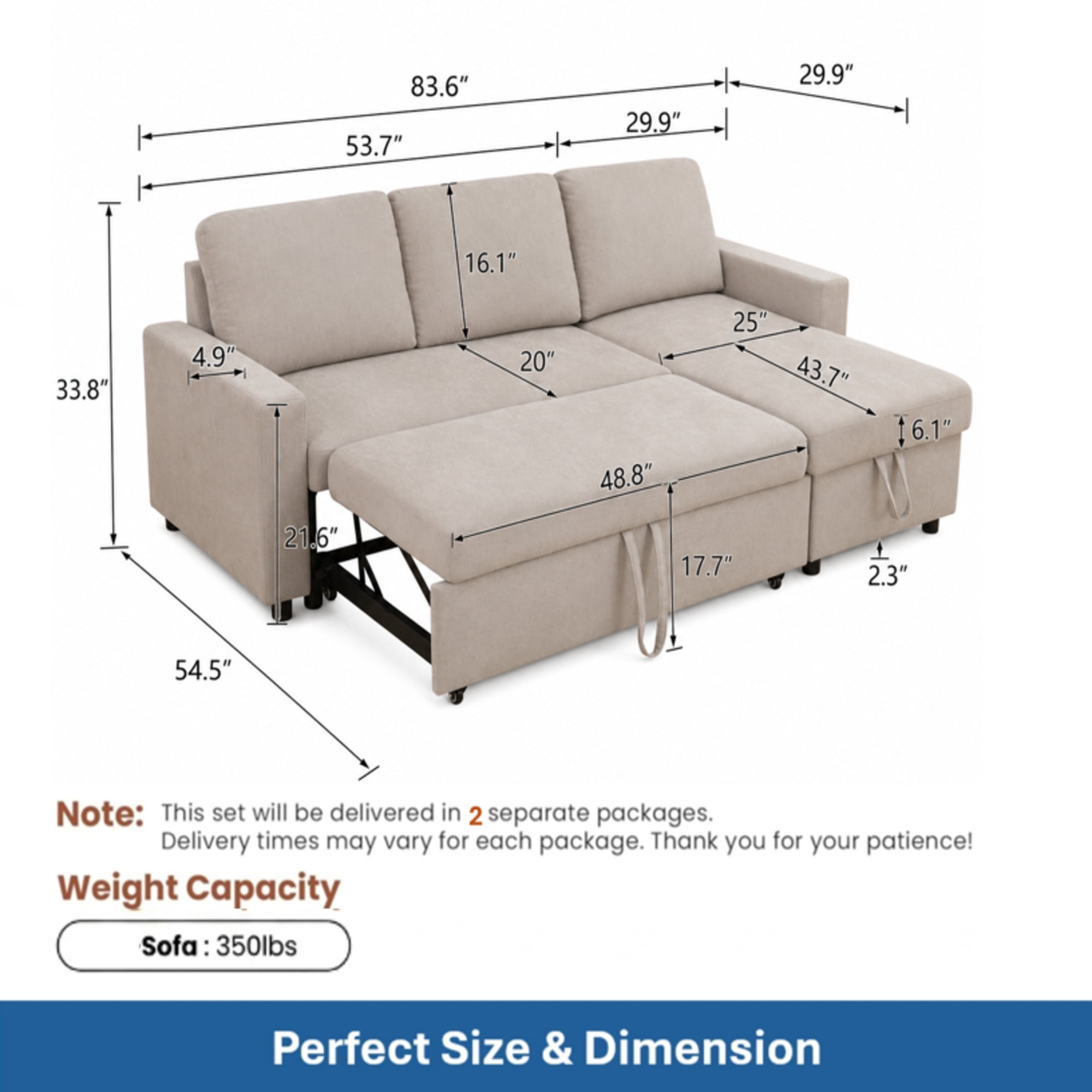TiramisuBest L-Shaped Convertible Sofa Bed with Reversible & Storage Chaise,84"W Fluffy Flannel Sectional Sleeper for Living Room,Gray White