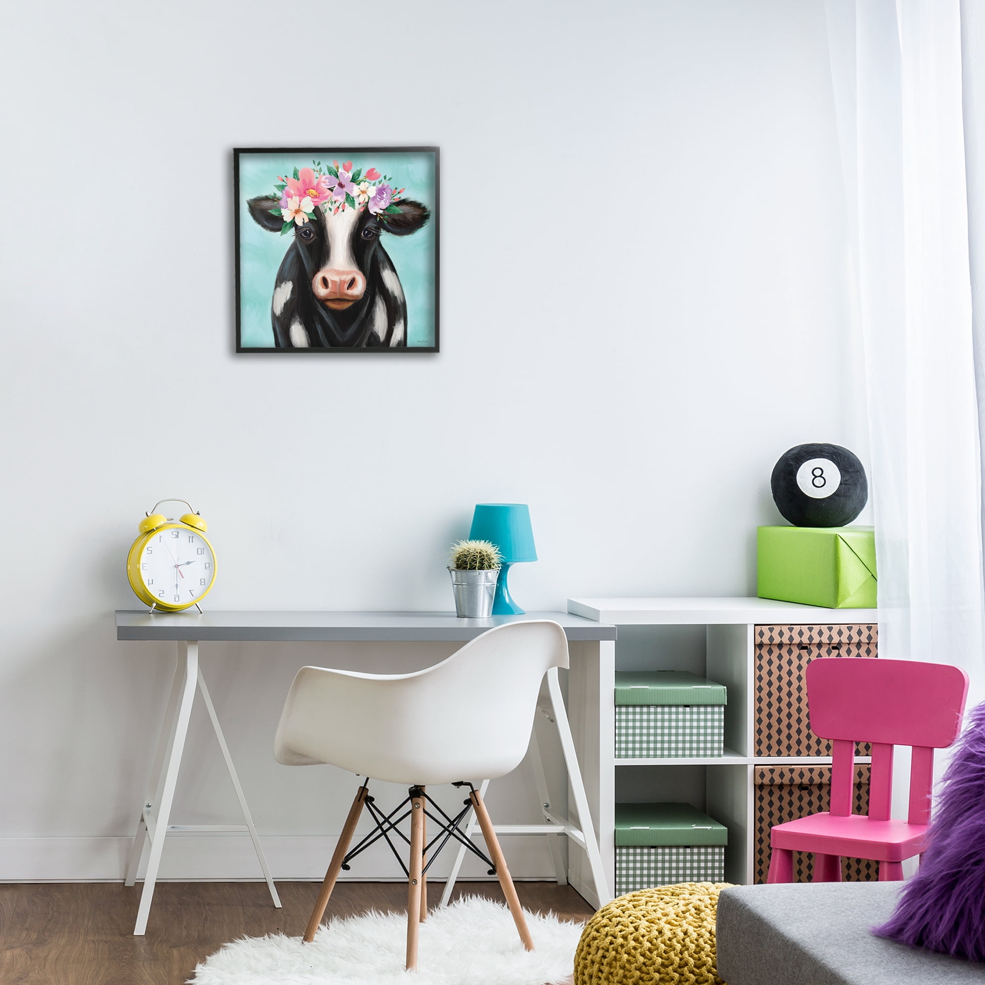 Stupell Industries Cow with Pastel Flowers Animals & Insects Painting Black Framed Art Print Wall Art, 17 x 17