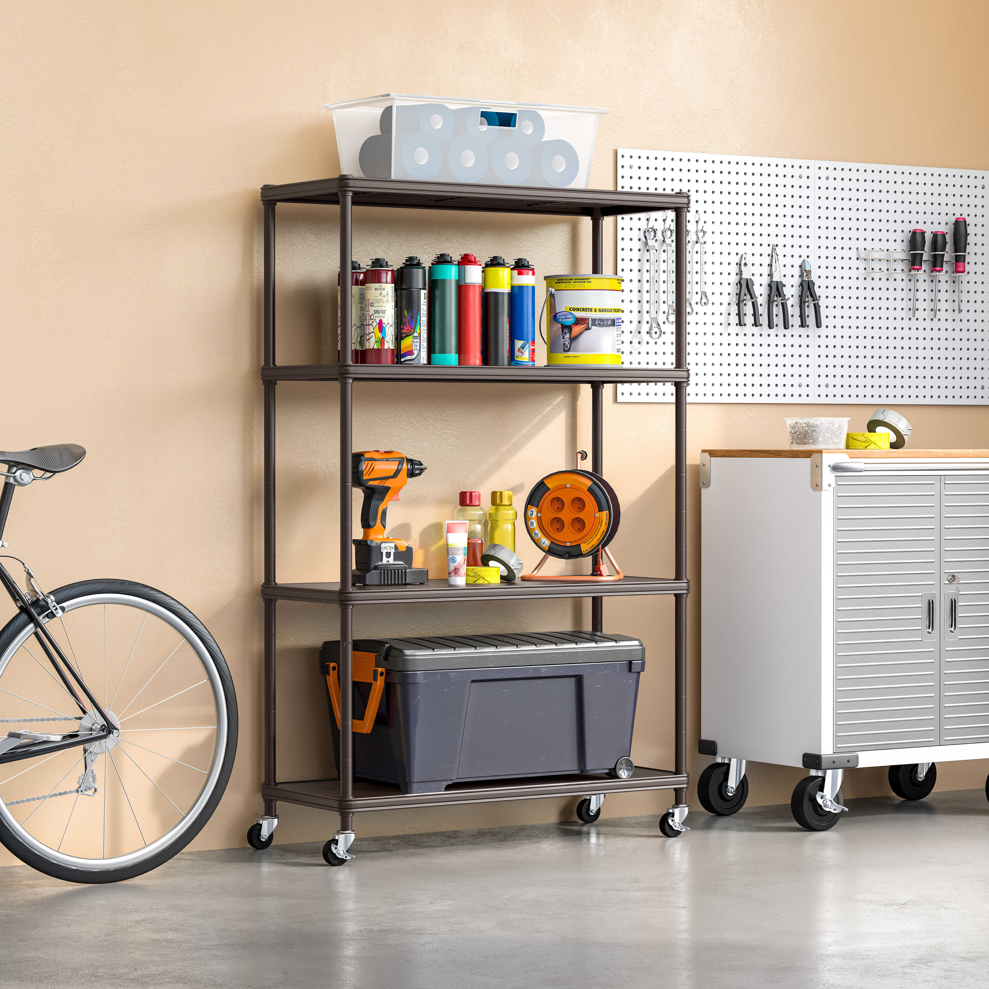 Seville Classics HOME 4-Tier Steel Wire Shelving with Wheels, 36" W x 14" D x 56.5" H, Rich Brown