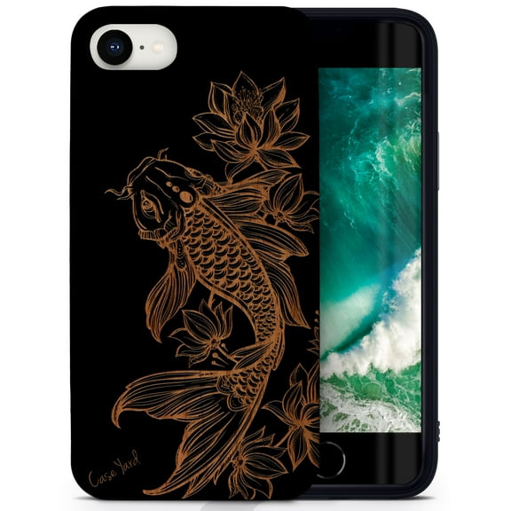 Case Yard Wooden Case for iPhone-SE Soft TPU Silicone cover Slim Fit Shockproof Wood Protective Phone Cover for Girls Boys Men and Women Supports Wireless Charging Floral Koi Fish Design