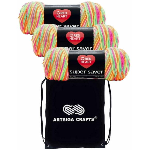 Red Heart Super Saver Day Glow E300-3934 (3-Skeins - Same Dye Lot) Worsted Medium #4 Acrylic Yarn for Crocheting and Knitting with Project Bag