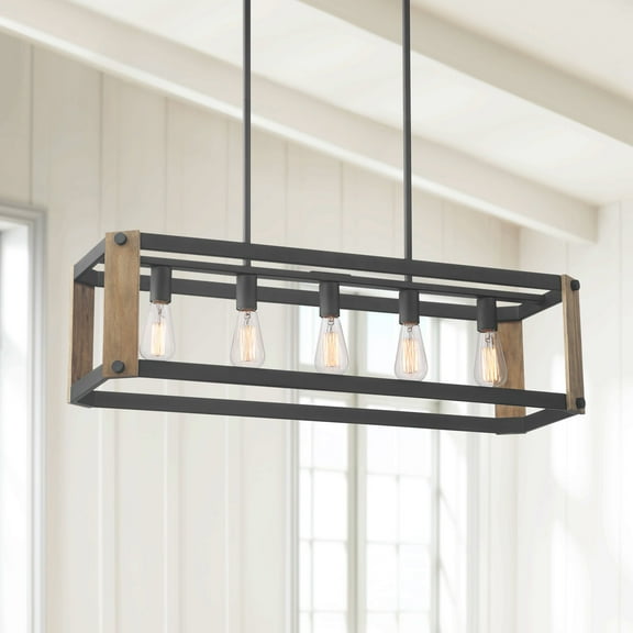Possini Euro Design Black Linear Pendant Chandelier 36 1/4" Wide Rustic Farmhouse 5-Light Fixture for Kitchen Island Dining Room