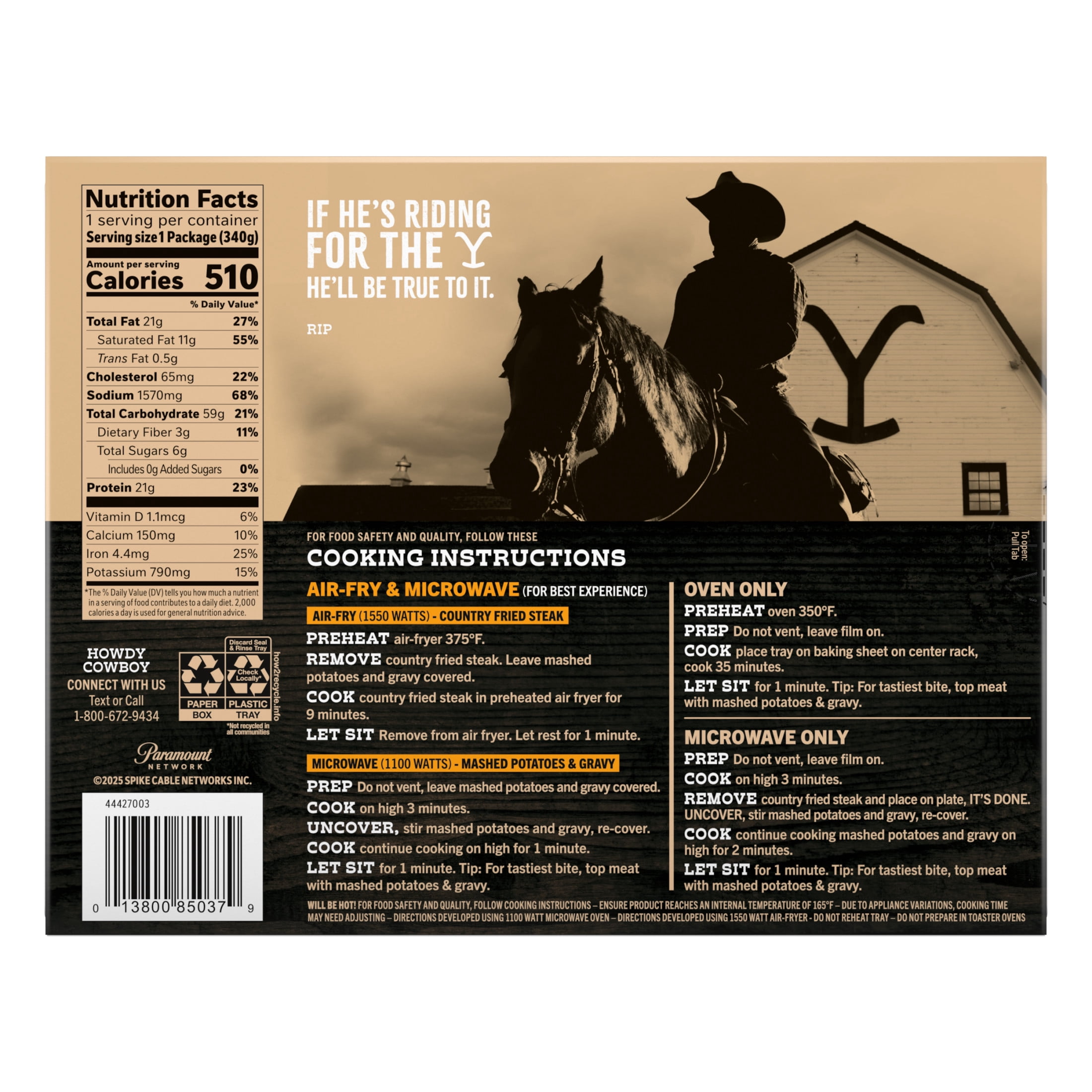 Yellowstone Country Fried Steak and Mash, Steak Dinner, Meals for One, Frozen Dinner 12 oz