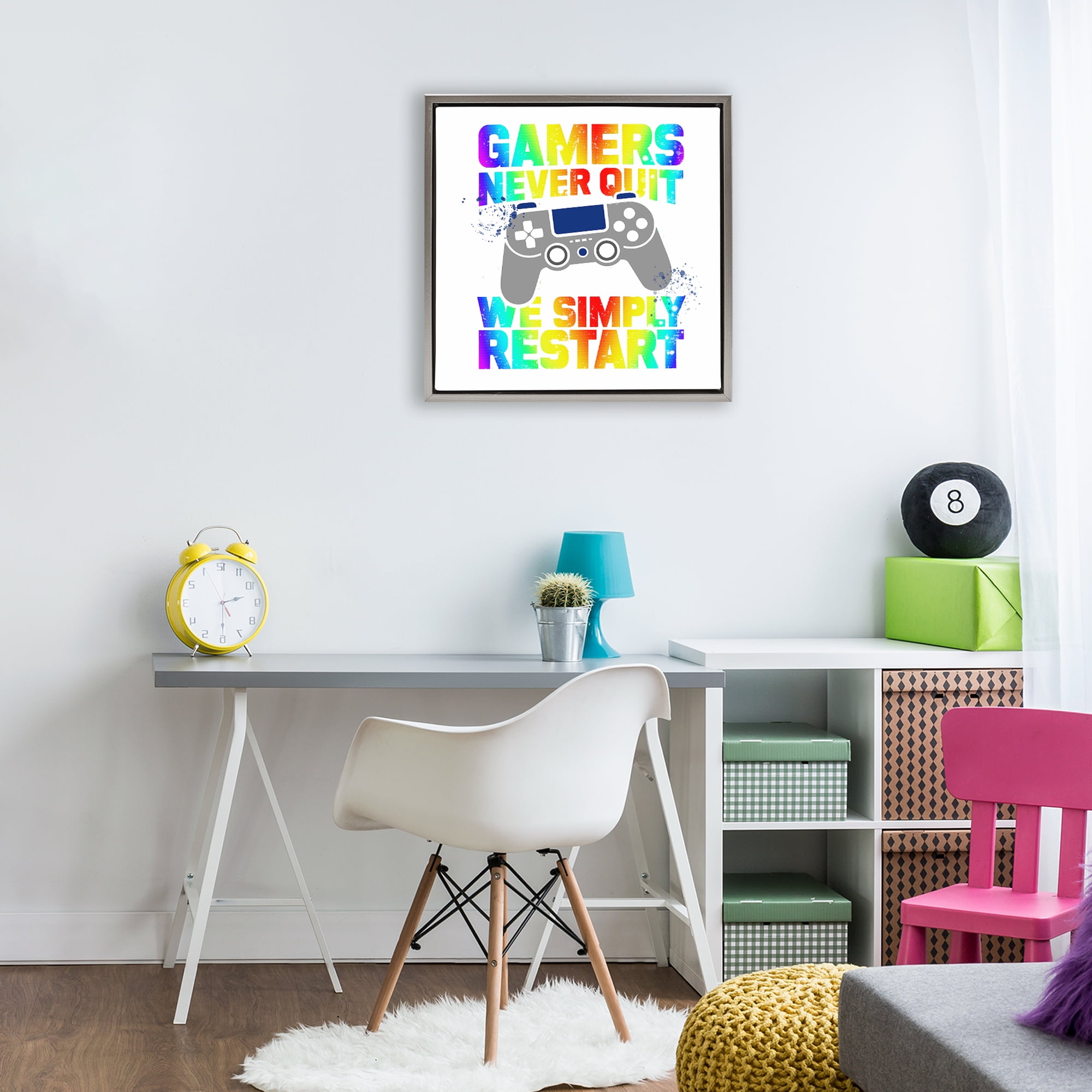 Rainbow Gamers Never Quit Gray Framed Floater Canvas Wall Art, design by Kim Allen