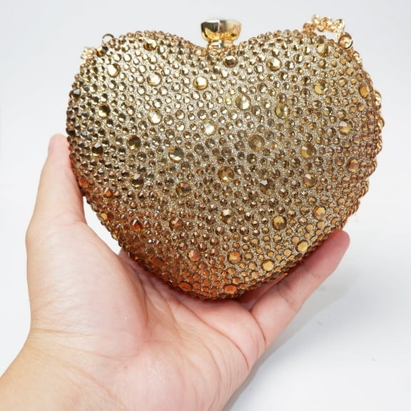 Women’s Heart-Shaped Evening Clutch – Shimmery Metal Handbag with Detachable Long Strap, Romantic Tote for Party & Formal Events Gold