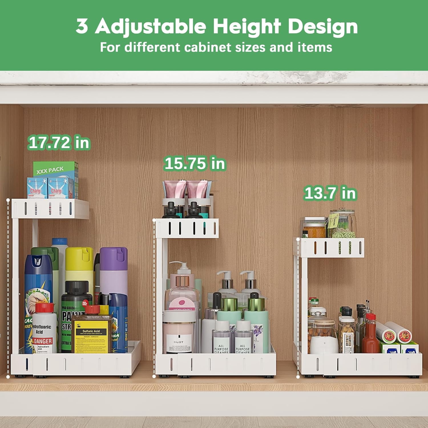 Under Sink Organizer, 2 Tier Expandable Under Cabinet Organizer, Heights Adjustable Pull Out Storage for Kitchen Bathroom Laundry, White, 2 Pack