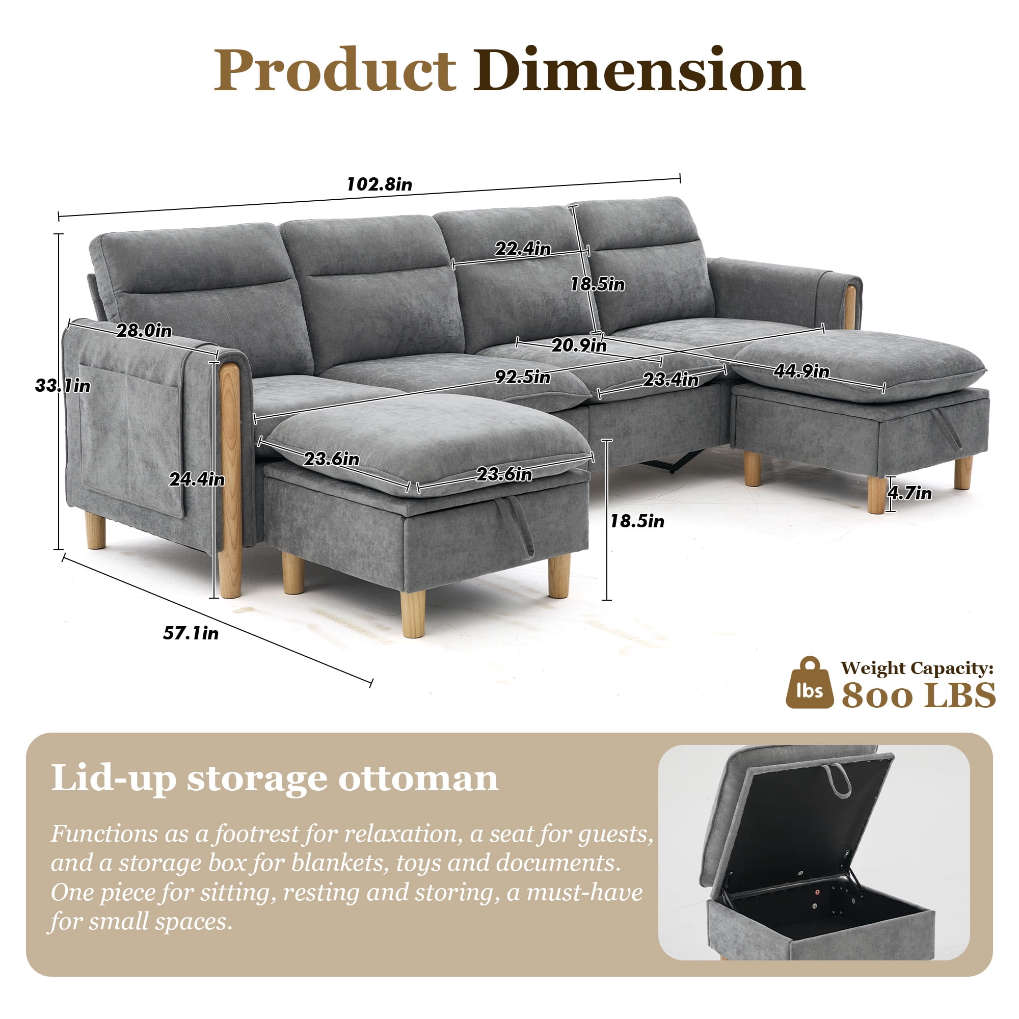 MOONMISS 4-Seater Chenille Sectional Sofa with 2 Storage Ottoman & Side Pocket Convertible Chaise Lounge for Living Room,Gray