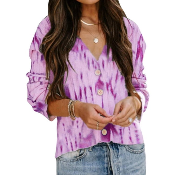 Gvmfive Women Blouse Tie Dye Print Buttons Long Sleeve Tops Shirt