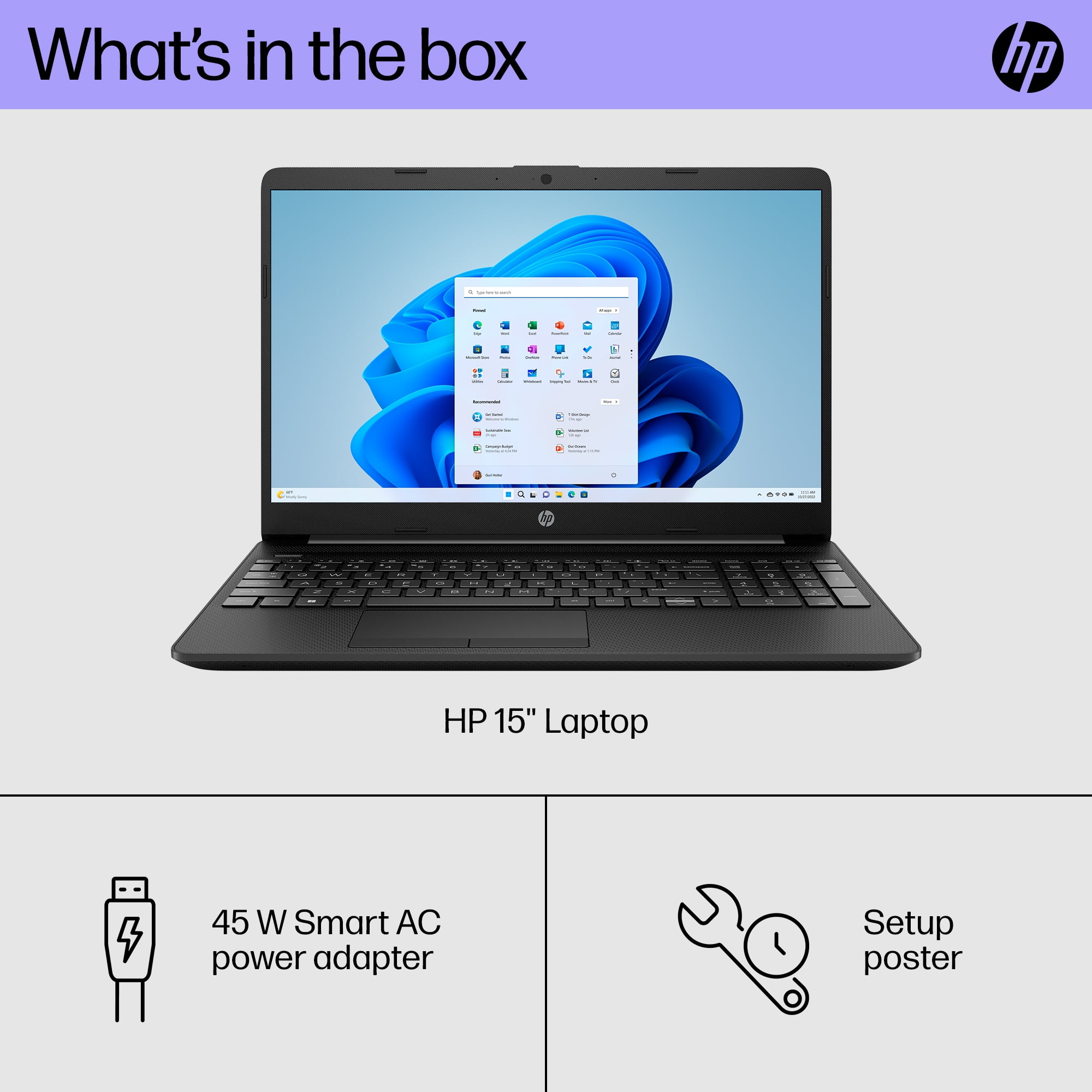 HP 15.6" Laptop, Intel Pentium Silver N5030, 4GB RAM, 128GB SSD, Jet Black, Windows 11 Home in S mode, 15-dw1783wm