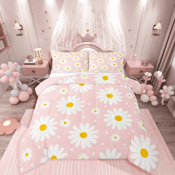 Castle Fairy Floral Daisy Girl 2pcs Bedding Comforter Set,Chic Flower Twin Comforter Sets,Polka Dots Breathable Bedding Set,Luxury Bedroom Decor