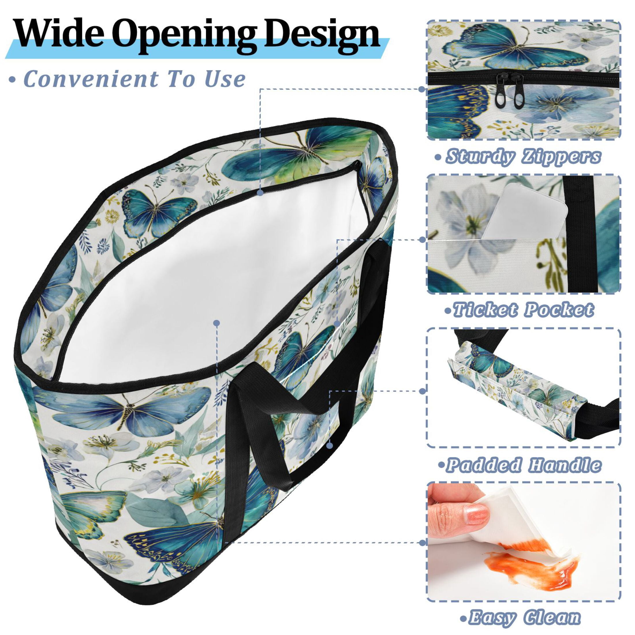 Extra-Large Wide Opening Design Capacity Hand-Held Ice Pack Thickened Insulation Layer For Long-Lasting Cold Retention For Outdoor Shopping Picnics And Camping Watercolor Green Butterflies