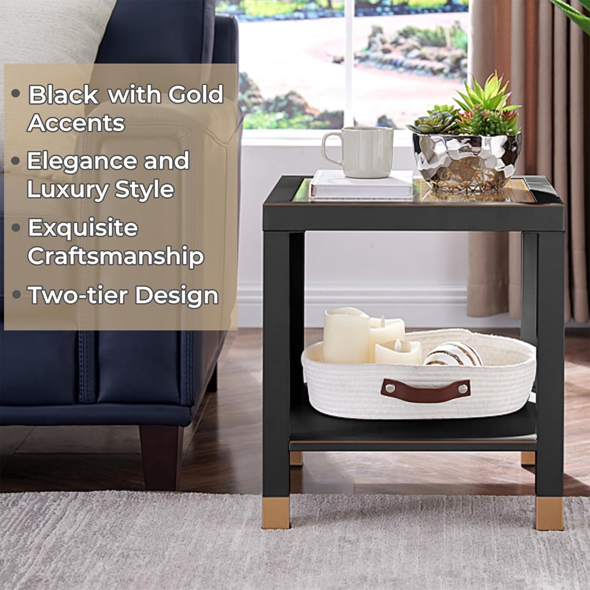 2-Tier Square Tempered Glass End Table with Golden Mesh & Metal Frame, Boho Side Nightstand for Bedroom Living Room Office