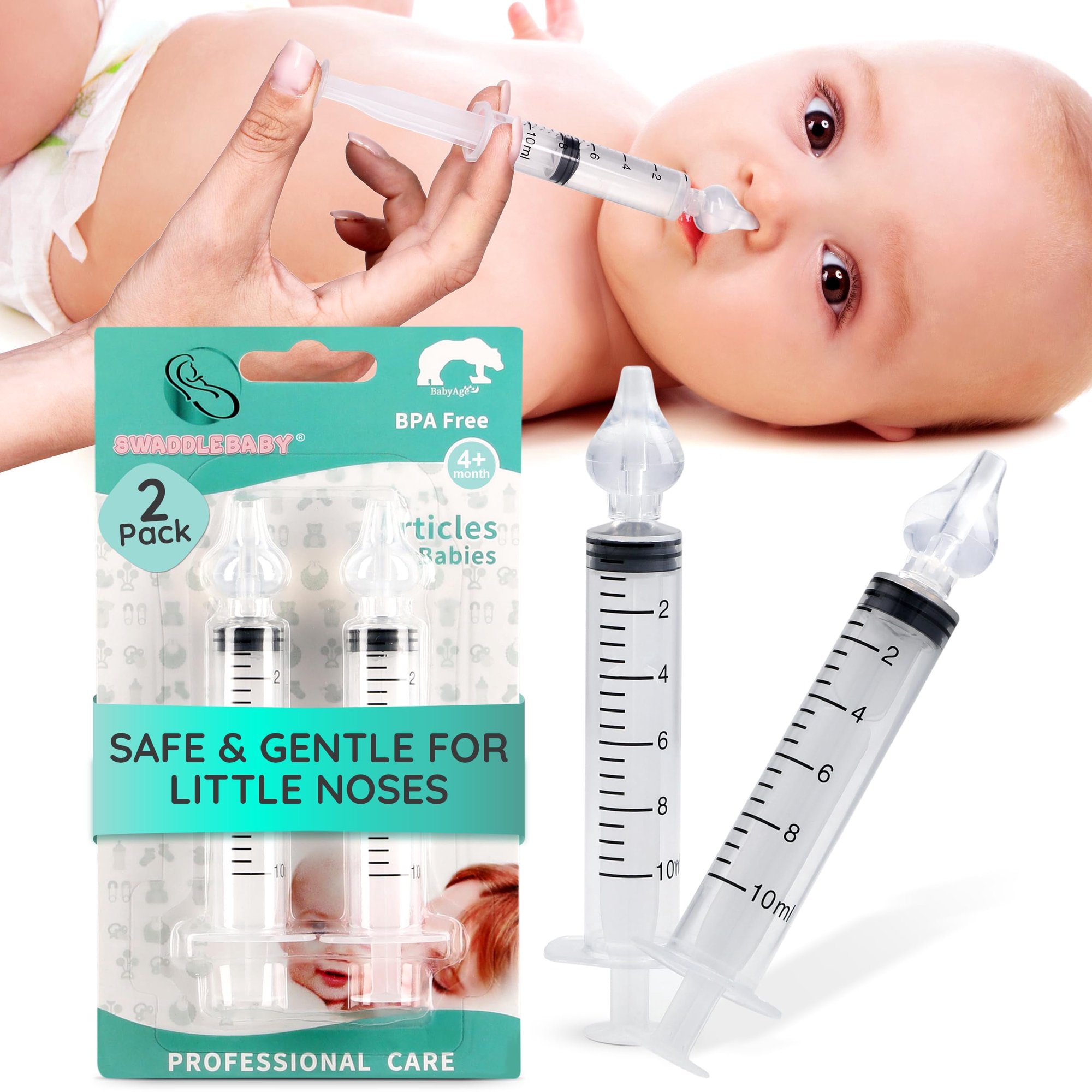 2 Pack Baby Nasal Syringe for Mucus Removal - 10ml, Soft Silicone Tip Nasal Aspirator for Baby Nose Cleaner, Sinus Rinse Syringe for Infants and Toddlers