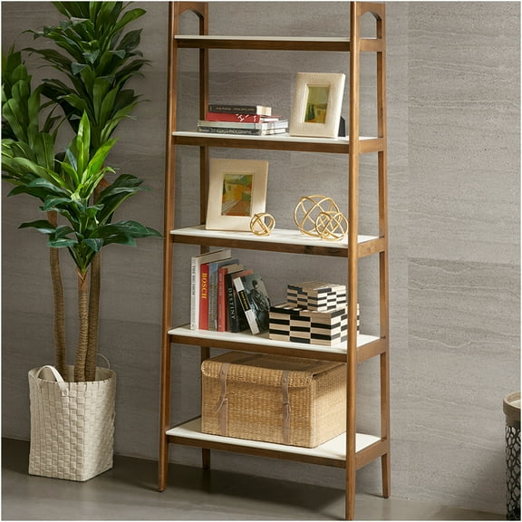 JERFIT Mid-Century Modern 5-Tier Bookcase Shelf, Off-White & Pecan Wood Finish, Freestanding Storage Organizer Unit for Living Room, Office, Bedroom