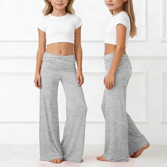 Mifsaly Girls Wide Leg Yoga Pants Ruched Fold Over Waist Stretch Workout Pants Soft Comfortable Dance School Athletic Outfits
