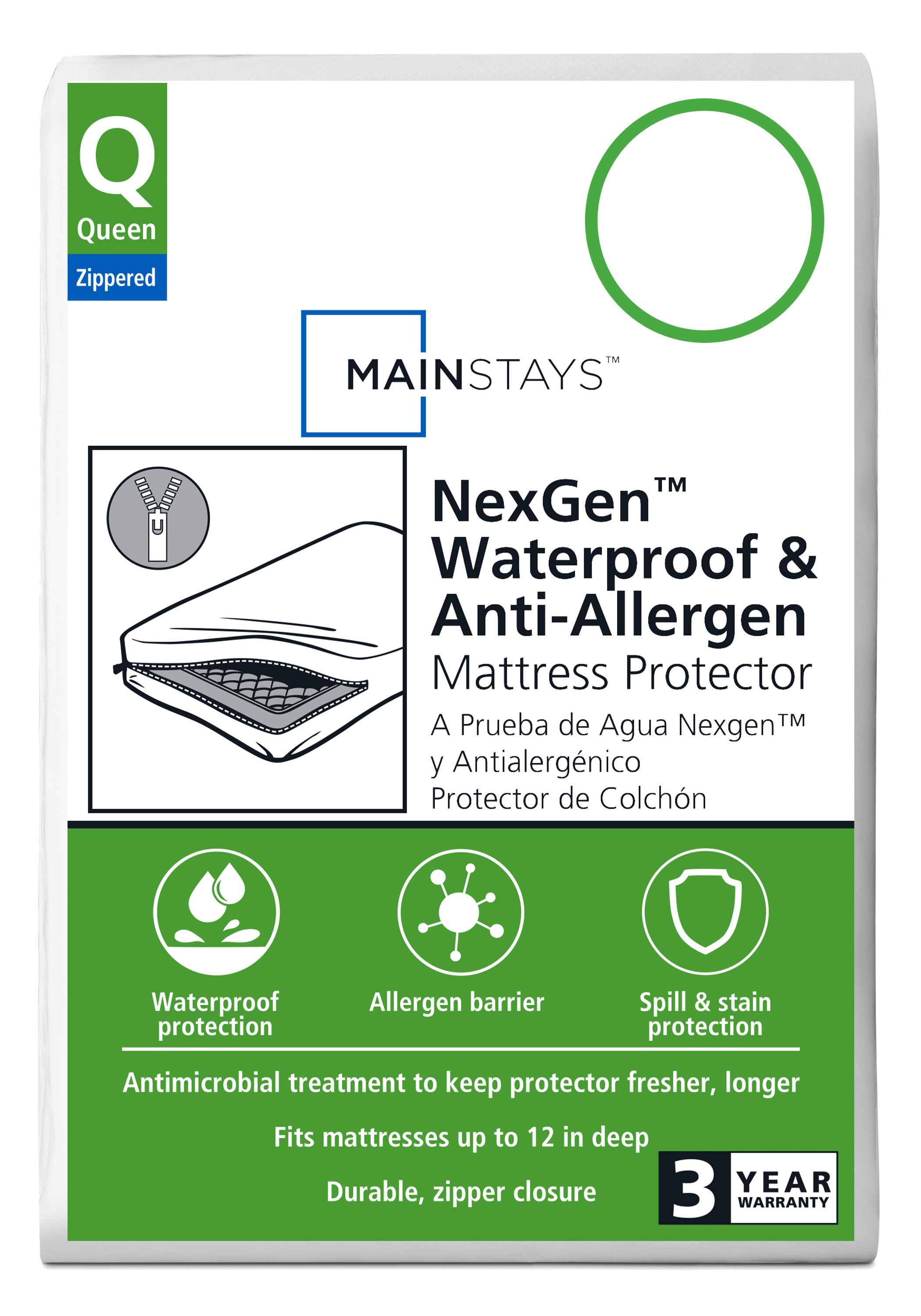 Mainstays NexGen Waterproof Anti-Allergen Zippered Mattress Protector, Queen