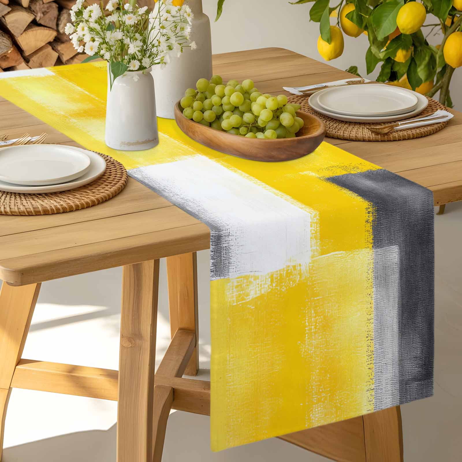Kitchen Table Runner 90 Inches Long, Vintage Yellow Black White Grey Cotton Linen Table Runners for Dining Tables Home Holiday Party Wedding, Abstract Texture Tabletop Scarf
