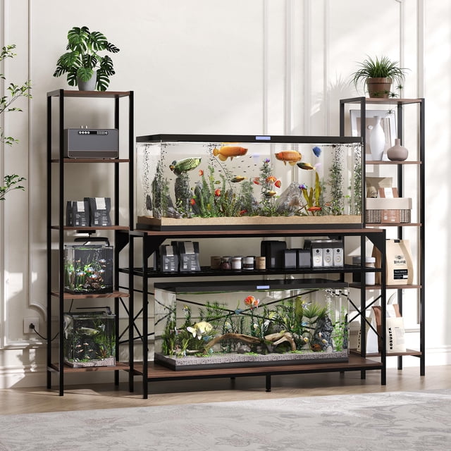 Aquarium Stand for 20–90 Gallon Fish Tank, Heavy Duty Fish Tank Stand with Storage Shelves, 860LBS Capacity Metal Frame Aquarium Rack for Reptile Tank, Turtle Tank, Home Office, Brown
