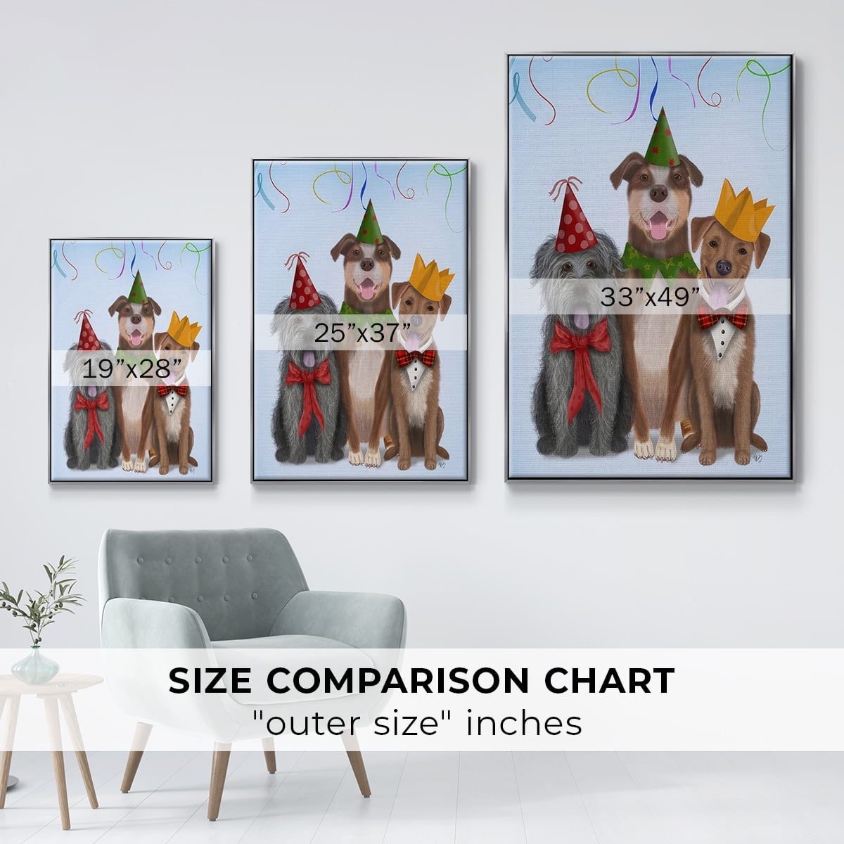 Christmas Party Mutts - Framed Gallery Wrapped Holiday Canvas - 27 x 41 - Silver Frame