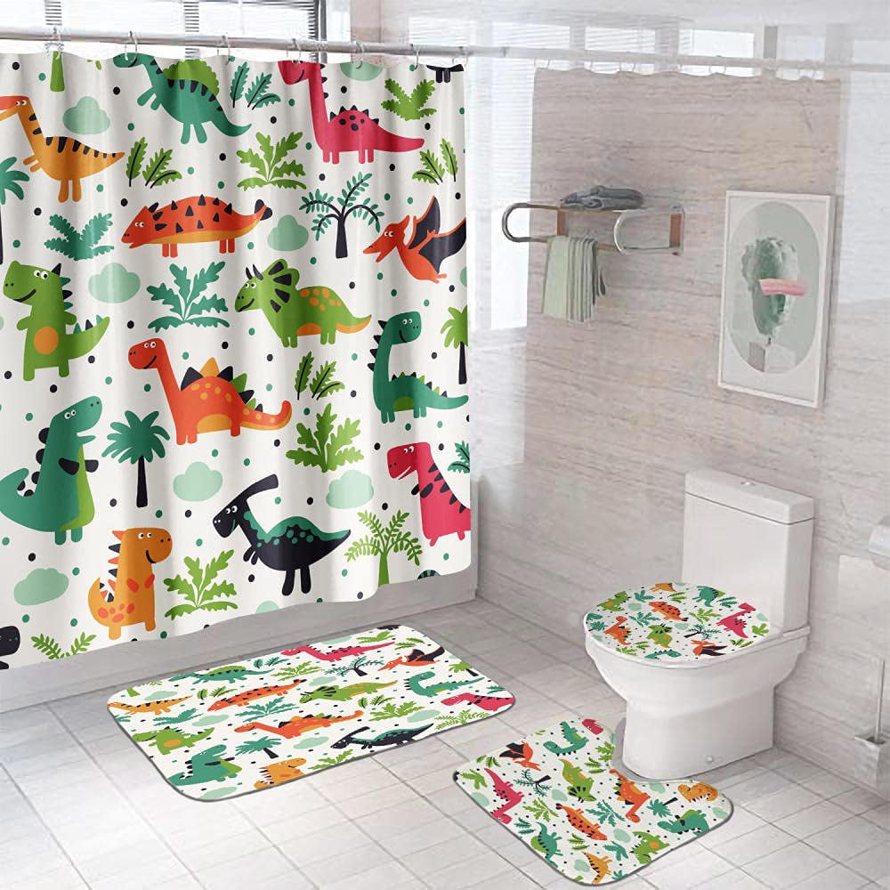 Bath Accessory Set Non-Slip Toilet Rug Mat Bathroom Shower Curtain Cover Carpets 