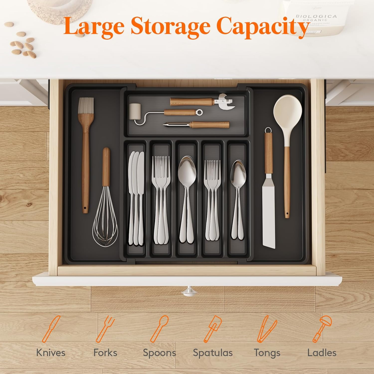 Silverware Drawer Organizer, Expandable Utensil Tray for Kitchen, BPA Free Flatware and Cutlery Holder, Adjustable Plastic Storage for Spoons Forks Knives, 8.5-14 x 12", Black