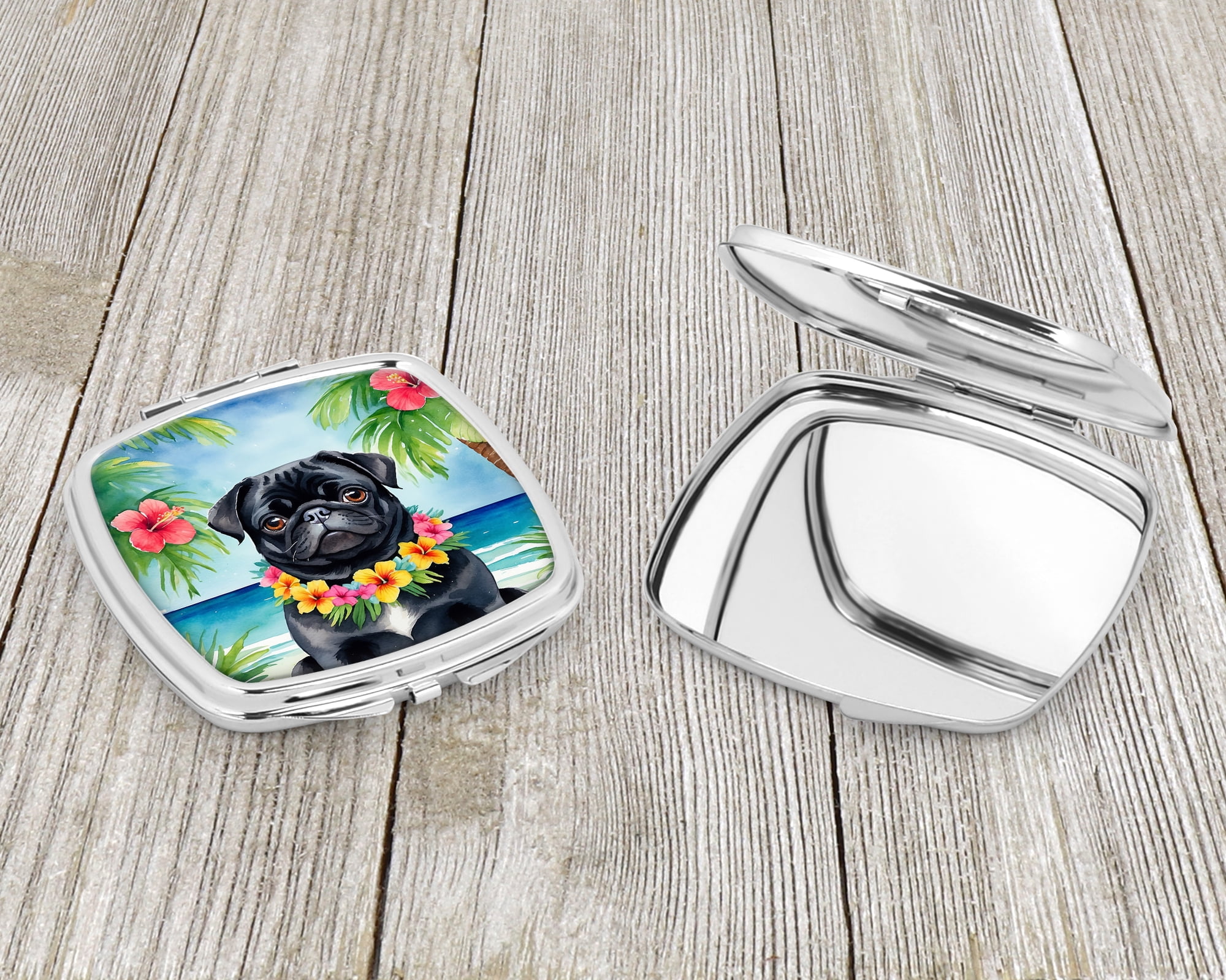 Black Pug Luau Compact Mirror 2.75 in x 3 in