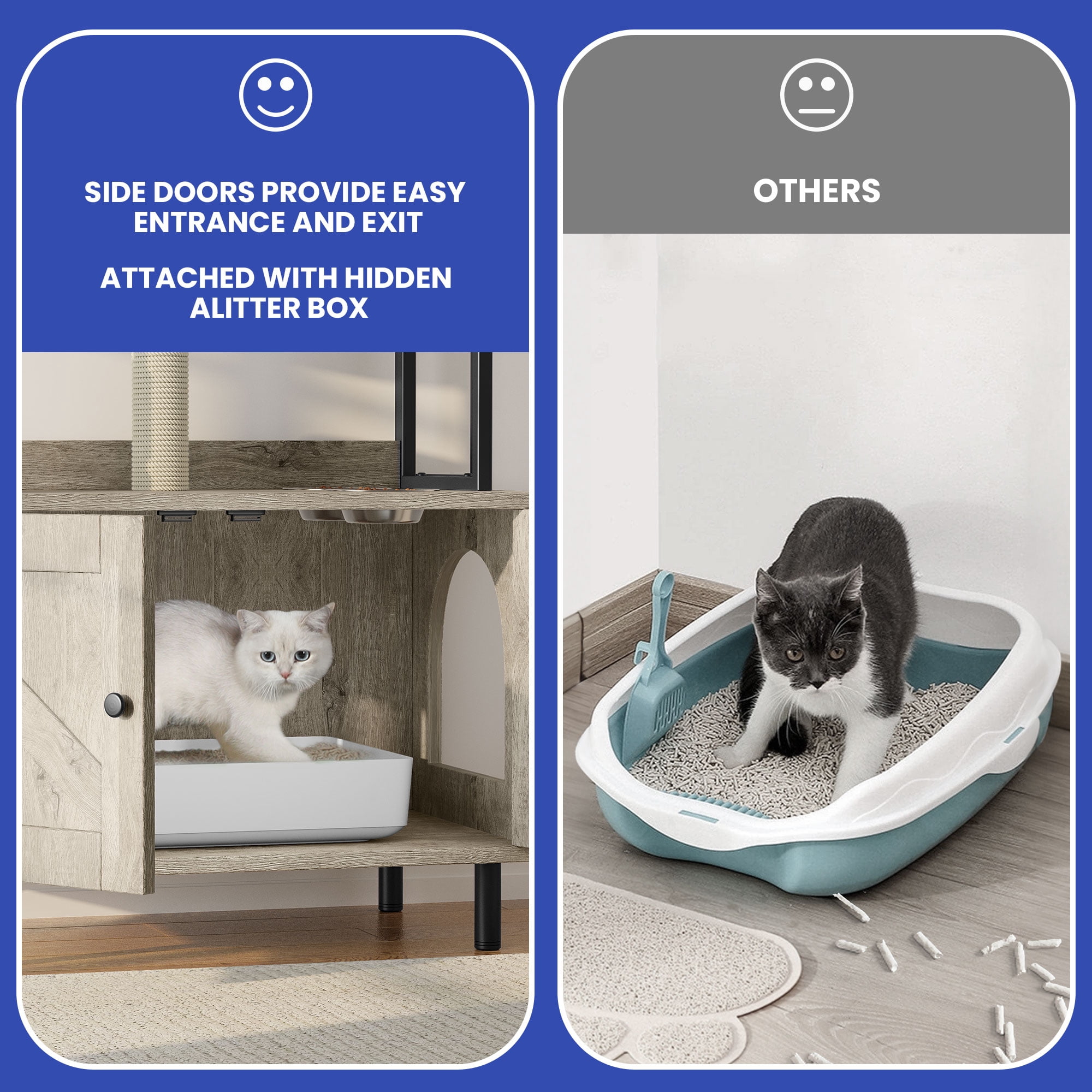 Uforic Cat Litter Box Enclosure, Large Indoor Hidden Wooden Cat Furniture with Shelves & USB & Type-C Outlets, Gray
