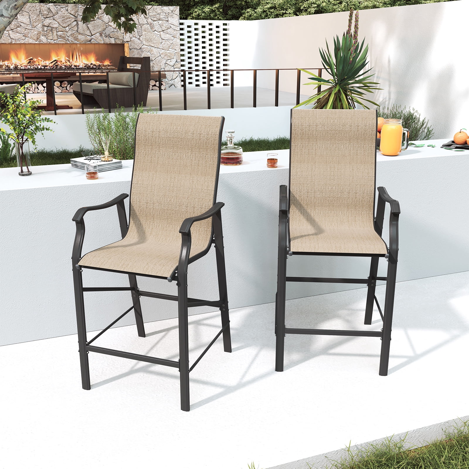 UDPATIO Patio Bar Stools Chair of 2, Outdoor Bar Height Set, All Weather High Back and Armrest Rocking Stools & Bar Chairs for Backyard, Lawn Garden, Balcony and Pool