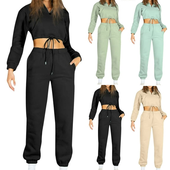 Ashirexll Womens Winter Sets, Outfits for Women, Fall Fashion Long Sleeve Zipper Stand Collar Shirt and Elastic Waist Pocket Pants Two Piece Outfit