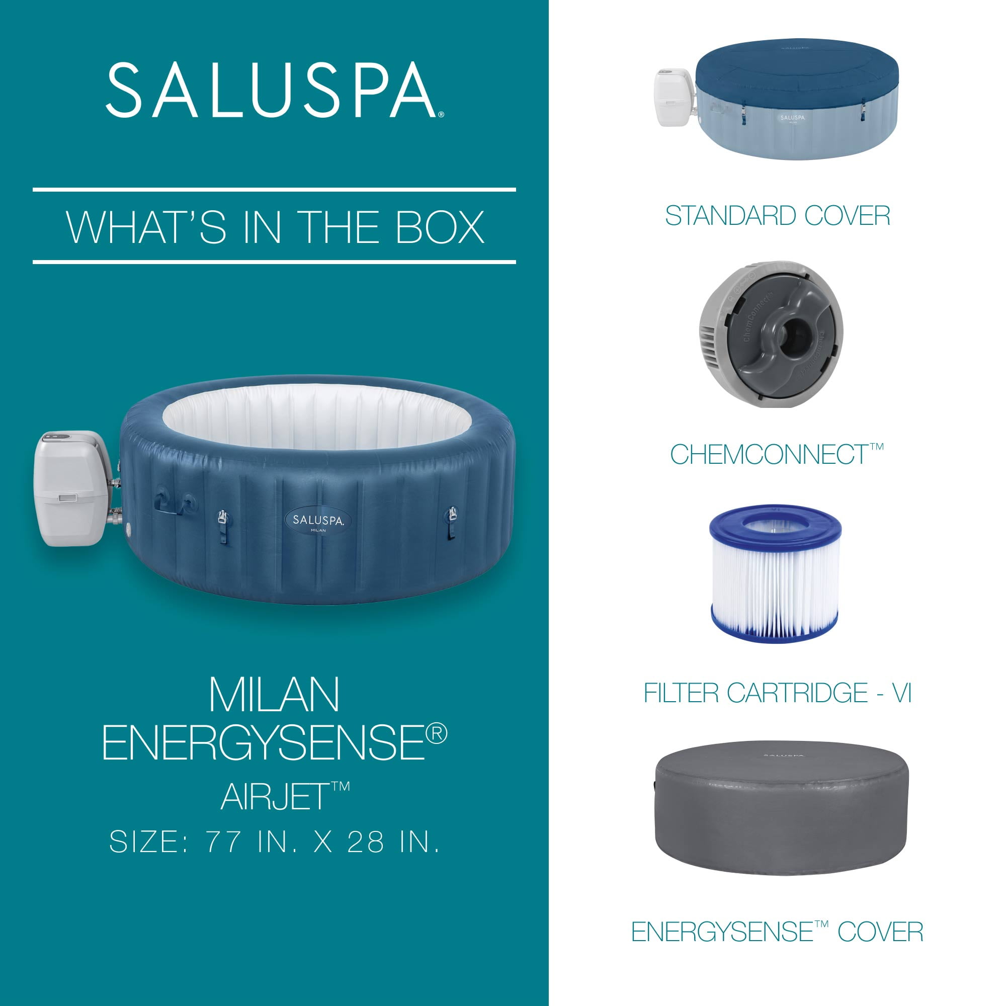 Bestway SaluSpa Milan 4-6 Person Inflatable Hot Tub, Round Energy-Efficient Spa, 77" x 28"