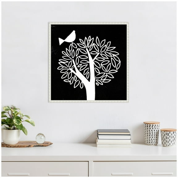 Kate and Laurel Black and White Bird Tree Linocut Framed Canvas Wall Art  by Guilana Lazzerini 22 x 22 Sylvie Beaded White, Black & White, Animals, Nature Art for Wall Decor, Living Room Bedroom
