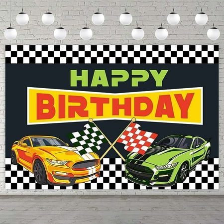 RaceCar Happy Birthday Banner Race Car Check Flag Sports Theme Decorations Decor for Indoor Outdoor Boys 1st Birthday Party Baby Shower Race Fans Favors Background Backdrop Photography