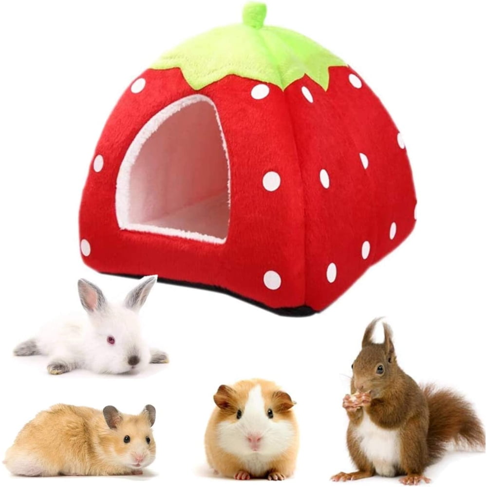 PEACNNG Small Animal Pet Winter House, Red Strawberry Warm Nest Bed, Rabbit Guinea Pig Hamster House Bed, Warm House Cage Nest for Hamster Squirrel Hedgehog Chinchilla