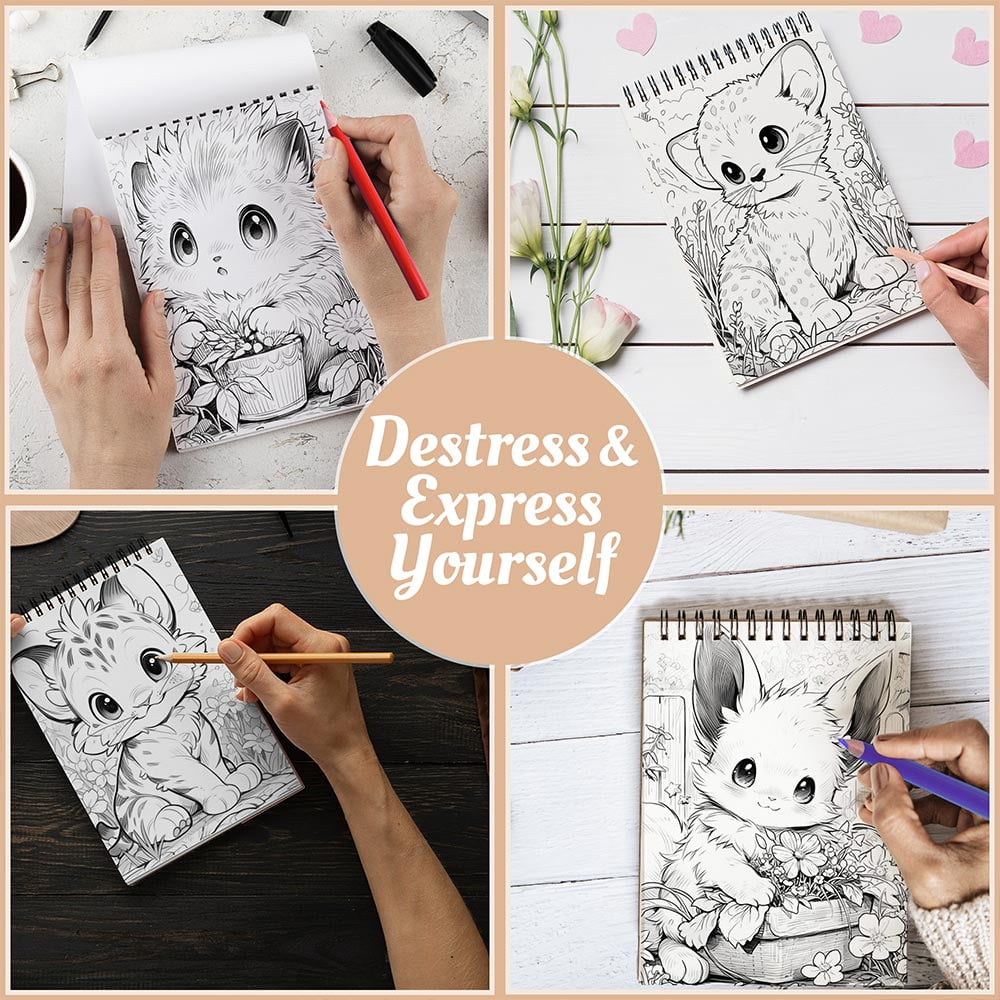 Wildlife Baby Animals Coloring Book Spiral Bound For Adults, A5 Wooden Cover, 30 Adorable Coloring Pages of Playful Baby Animals for Stress Relief and Relaxation