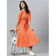 Janasya Summer Round Neck Half Sleeve Woven Design Orange Cotton Tiered Midi Dress For Women
