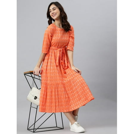 Janasya Summer Round Neck Half Sleeve Woven Design Orange Cotton Tiered Midi Dress For Women