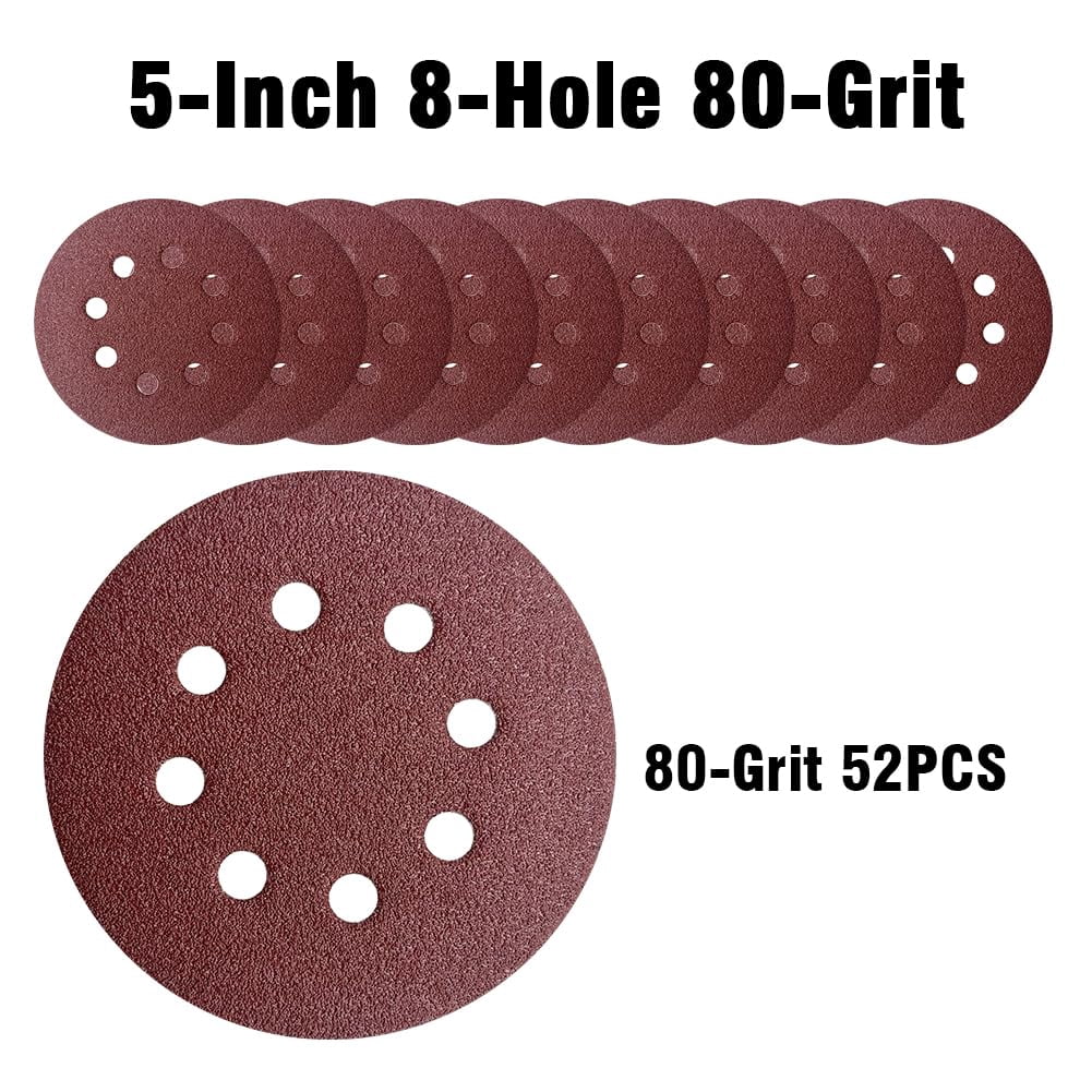 FRKSMD-52 Pack 5 Inch 8-Hole Hook and Loop Sanding Discs Sandpaper Red Round 80 Grit Sandpaper for Random Orbital Sander