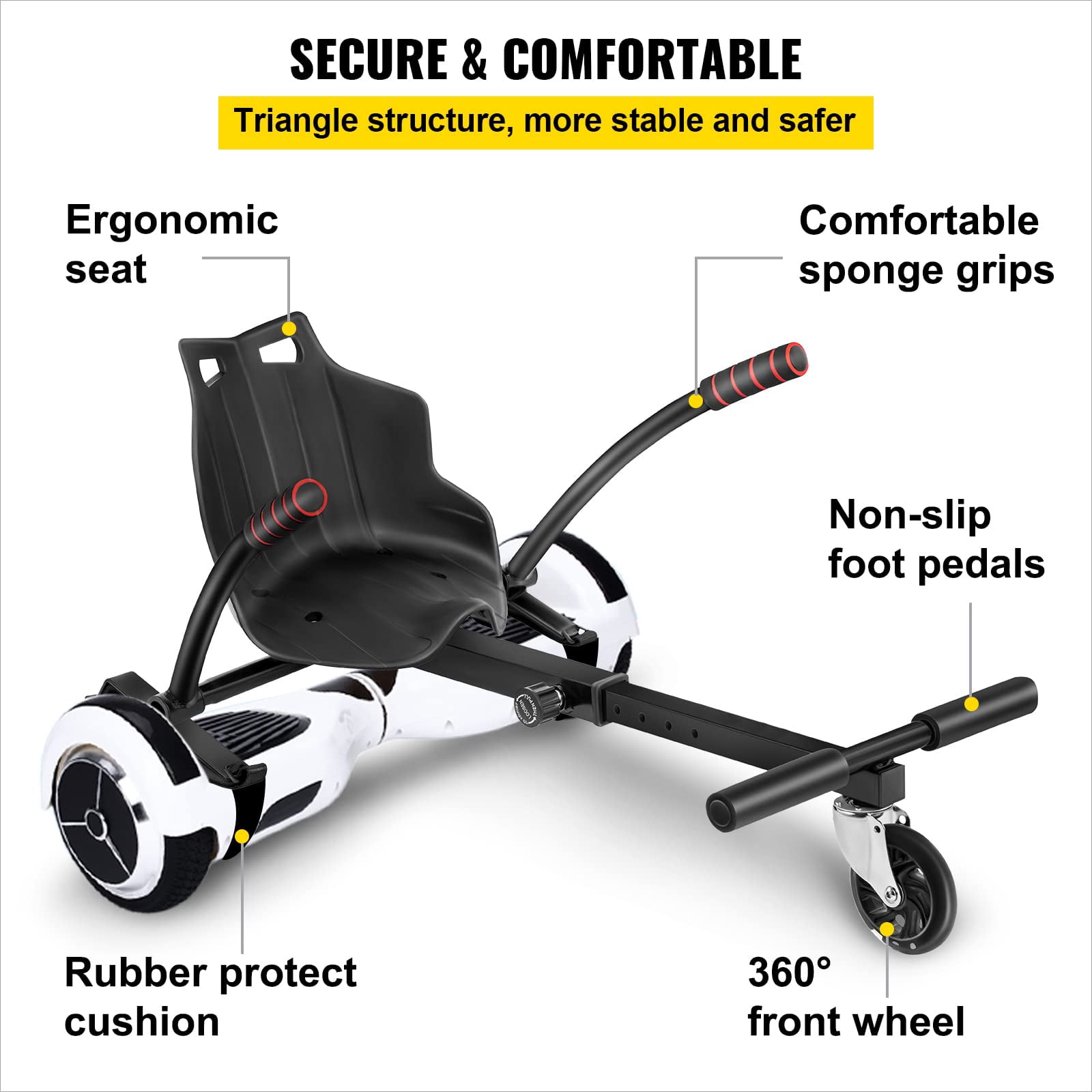 KFFKFF Hoverkart Seat Kit for 6.5'' 8'' 10'' Balance Scooters, Convertible Go-Kart with LED Lights for Children and Adults, Black, with Adjustable Frame