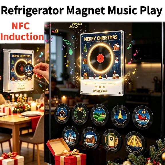 Akmoler Christmas Fridge Magnetic Vinyl Record Player Music Box Set - 9 PCS Refrigerator Custom Storage, Mini NFC Programmable Playback for Christmas Decor and Gifting