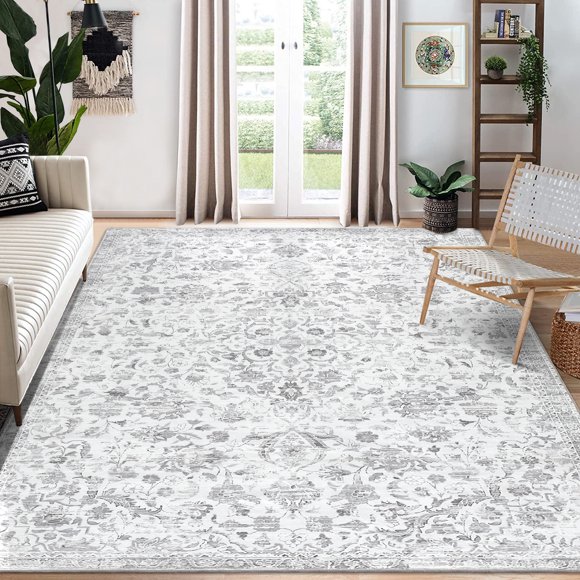 GlowSol 5' x 7' Washable Area Rug Soft Floral Distressed Rug Indoor Vintage Medallion Carpet Foldable Rug Non-Slip Low Pile Thin Rug for Dorm Playroom, Grey