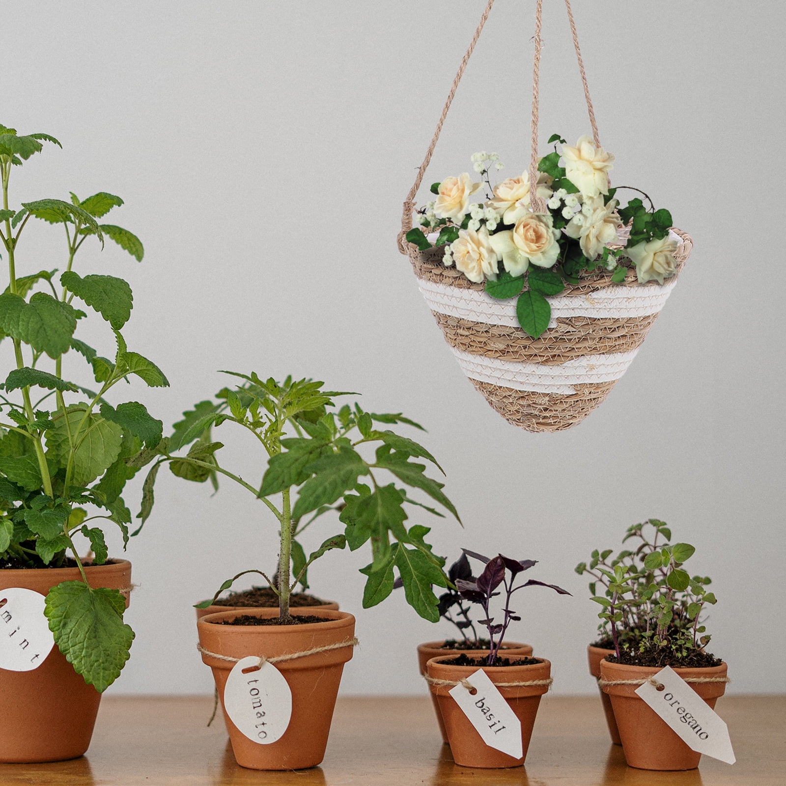 Woven Straw Flower Planter Hanging Basket for Decoration Beige Various Plants