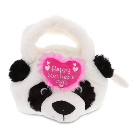 DolliBu Happy Mother's Day Super Soft Plush Panda Bear Handbag - Cute Stuffed Animal Purse with Pink Heart Message for Best Mommy, Grandma, Wife, Daughter, Cute Wild Life Plush Handbag Gift - 7.5 Inch