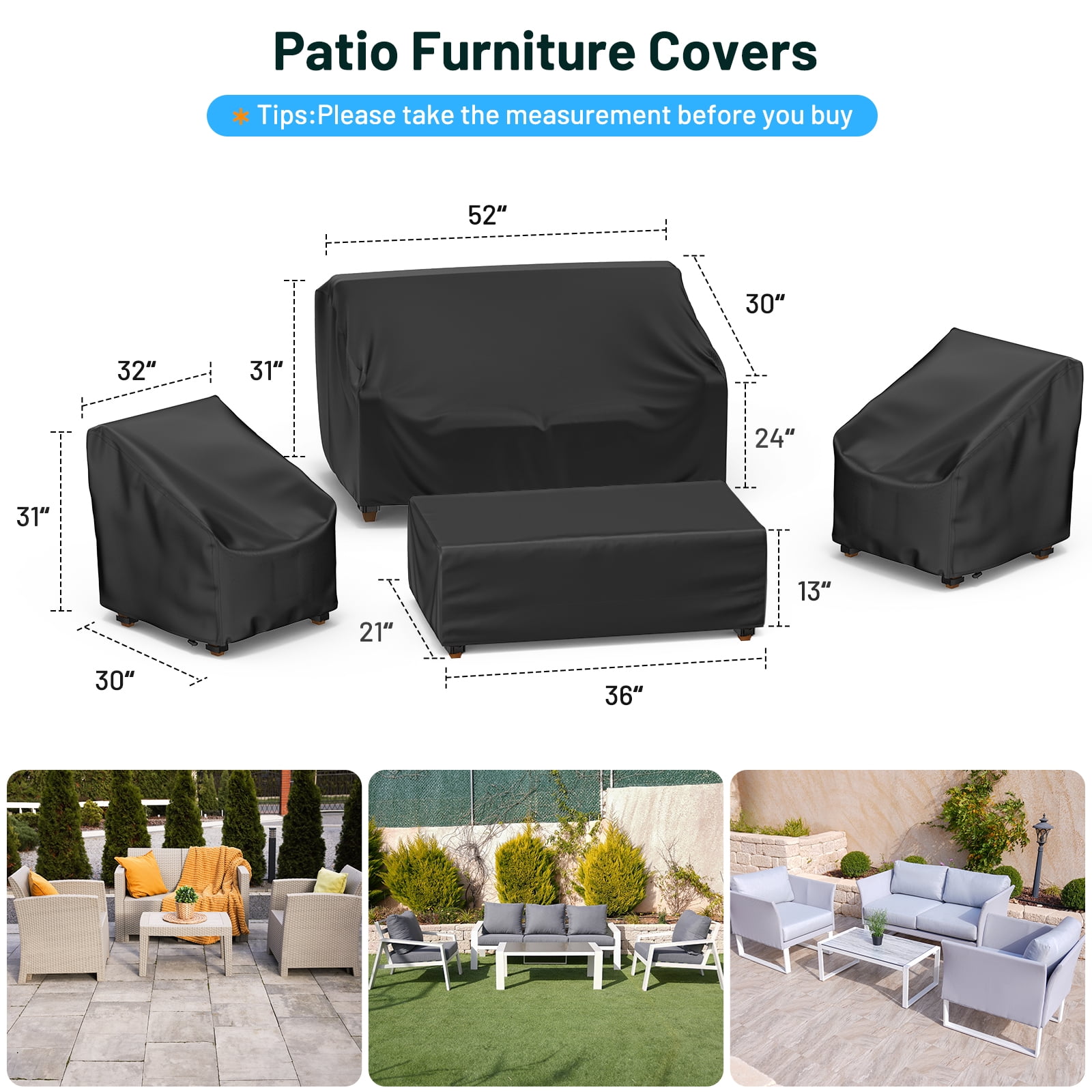 Patio Furniture Covers, 4 Piece Outdoor Furniture Covers Waterproof, 420D Heavy Duty Tear-Resistant, with Windproof Buckle Strap and Adjustable Drawstring