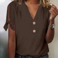 thumbnail image 2 of Lovskoo Summer Tops for Women 2024 V Neck Short Sleeve Trendy Solid Color Casual Tied Sleeves Top Shirt Brown, 2 of 8