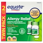 Equate Allergy Relief, Cetirizine Hydrochloride Tablets, 10 mg, 90 Count, 2 Pack
