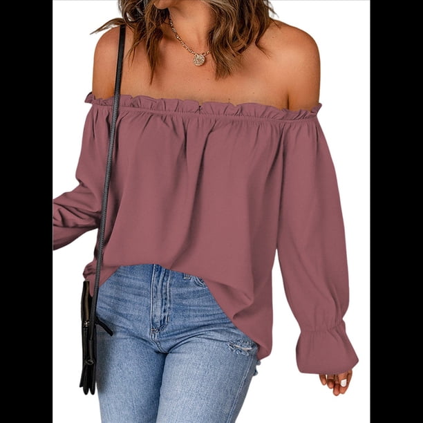 Blusa Informal Holgada de con Hombros Descubiertos y Volantes de Larga para Mujer. Color de la Raíz de M