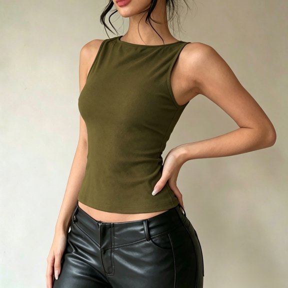 Womens Lined Sleeveless Tank Tops Women's Bow Tie Open Back Tank Top Sleeveless Boat Neck Cut Out Crop Tops(Army Green,L)