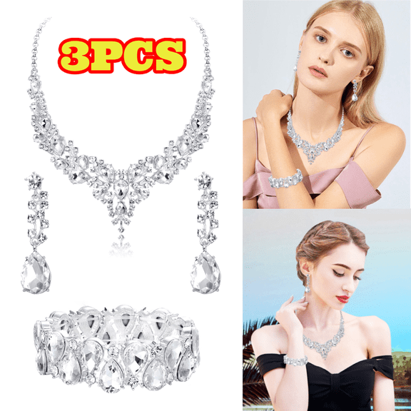 3pcs Elegant Bridal Wedding Jewelry Set for Women, Teardrop Crystal Leaf Cluster Jewelry Set, Rhinestone Crystal Necklace Earrings Bracelet