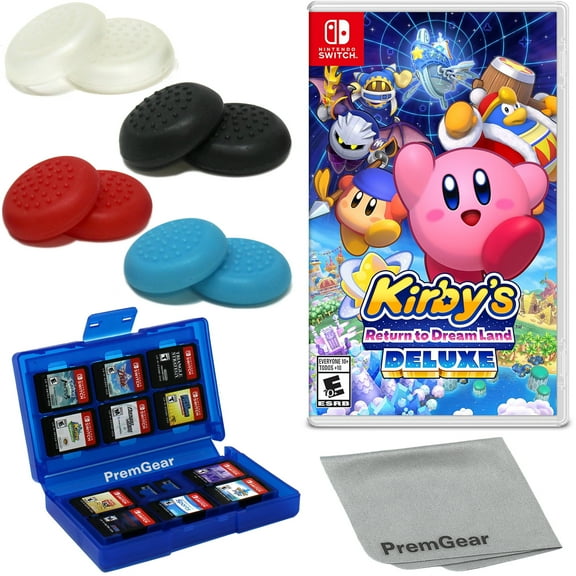 Kirby’s Return to Dream Land Deluxe for Nintendo Switch (US Version), with PremGear Thumb Grips (8 pack - Black, Blue, Red & Clear), 24 Slot Game Card Holder & Cloth